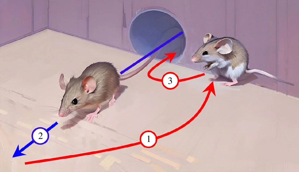 Stages of deceptive dodge. The actions of the chased and chasing free-ranging mice are marked in red and blue, respectively. 1. Hiding: After detecting an approaching rival, the free-ranging mouse inside the chamber moves to a position along the side of the tube. 2. Concealment through immobility and silence: When the chaser enters the chamber, the chased mouse stays immobile and silent. 3. Exploitation of the target’s distraction: The pursued animal uses the pursuer’s momentary distraction to slip out through the entrance.