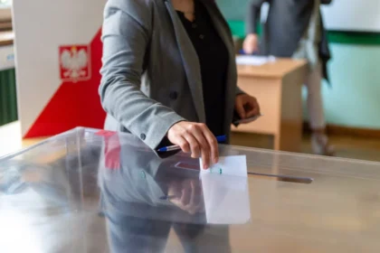 Voting at a polling place during the 2020 presidential election in Poland.