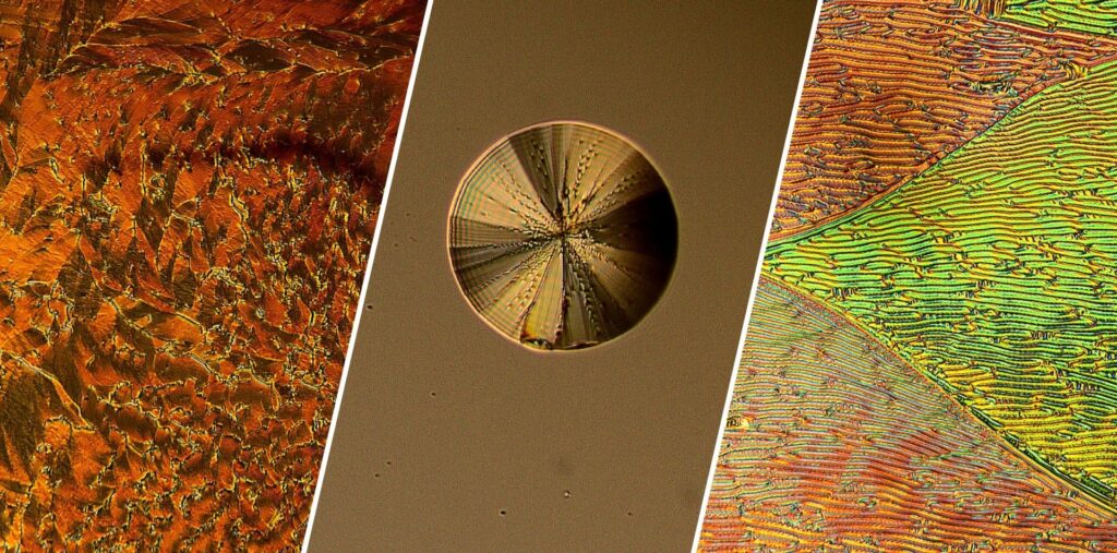 Examples of the texture of the new liquid crystalline phase: a) disordered material between two glass slides, b) a droplet of the material suspended on a glycerol substrate, c) domain texture of the newly discovered phase (polarized light microscopy image).