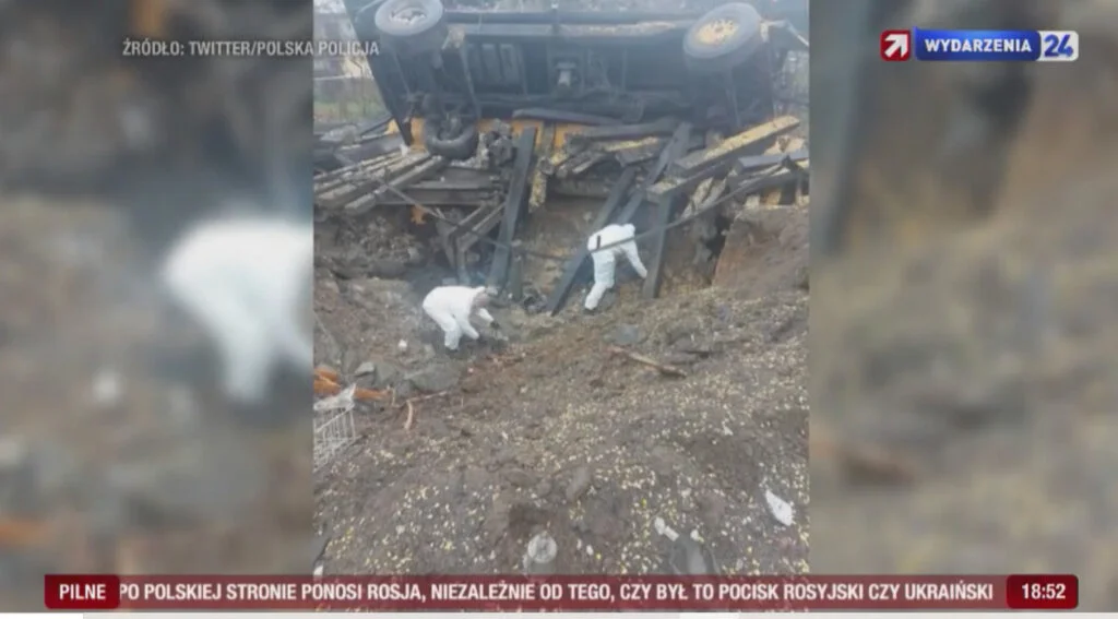 An example of amateur photographs from the Przewodów missile impact site, circulated on social media and later used in television reporting.Source: M. Skórka, “Wydarzenia,” Polsat, November 16, 2022, at 6:53:12 p.m.