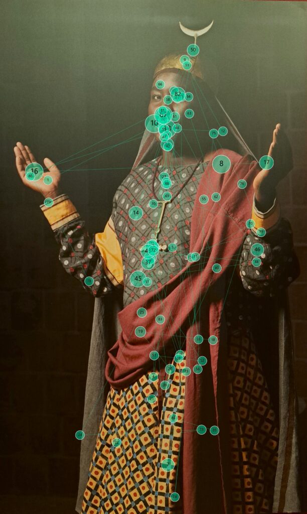 A gazepath from an eye-tracking study conducted at the Bode Museum in Berlin shows one participant’s pattern of fixations. The viewer was looking at a portrait of a model wearing a reconstructed robe of a medieval Nubian ruler. The larger the circle, the longer the viewer’s gaze remained on a particular element of the portrait. The numbers indicate the order of fixations.