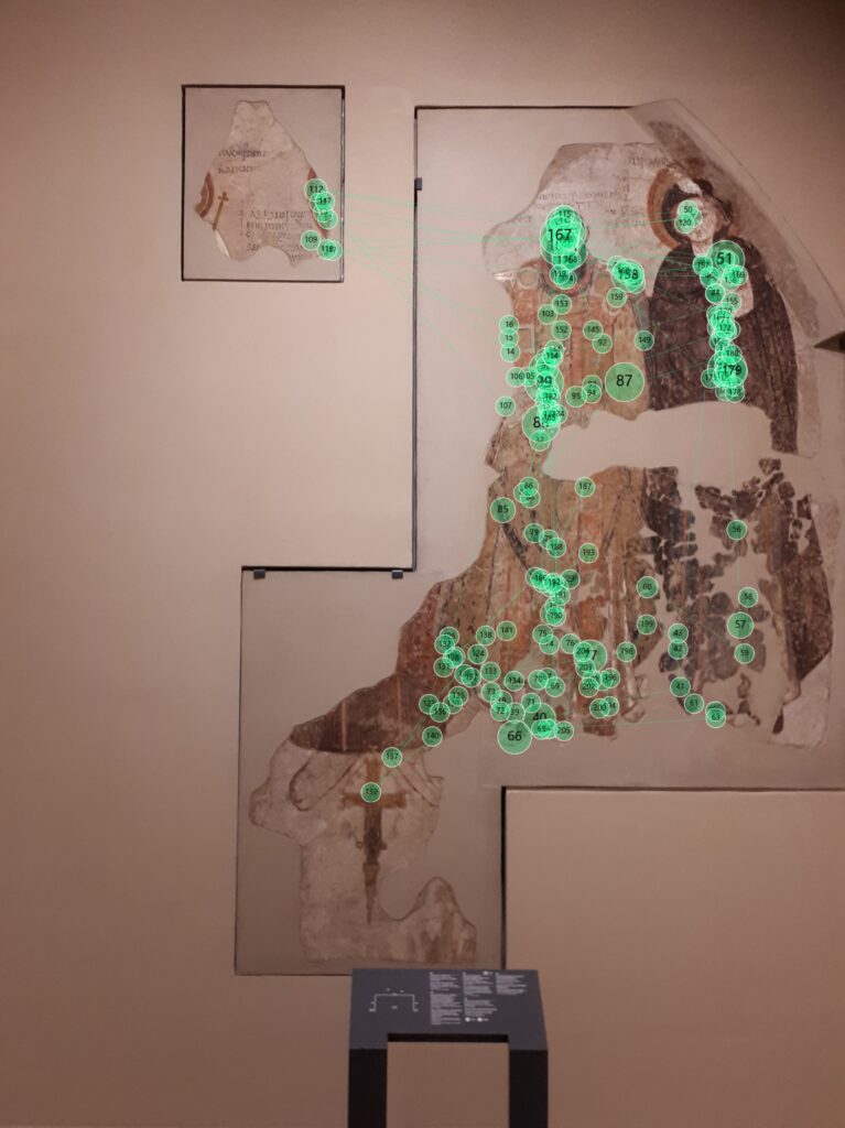 Eye-tracking data from the Faras Gallery at the National Museum in Warsaw, showing the distribution of visual attention of one participant while viewing a wall painting. The task involved analyzing the painting and then describing it, a key element in teaching iconographic analysis. The circles indicate points of fixation; their size reflects fixation duration, and the numbers show the order of gaze shifts.