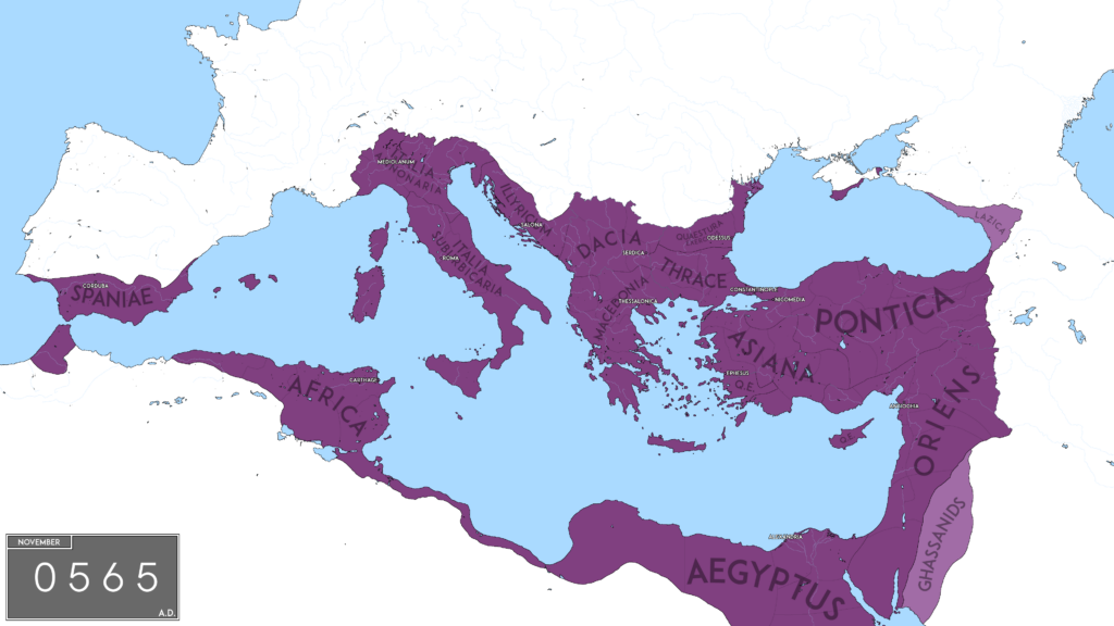 The extent of the empire in 565, with territories labeled by their ancient names. Source: Wikimedia Commons