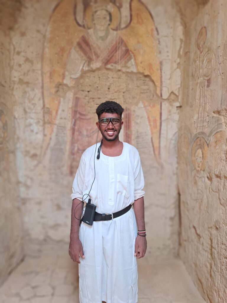 A participant in an eye-tracking study examining wall paintings discovered in Old Dongola.