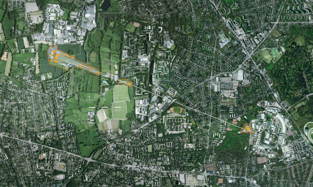 The European XFEL facility in Hamburg and Schenefeld (as of January 2025). This 3.4-kilometer-long X-ray laser operates mostly underground. Three sites (marked in orange) are located in Hamburg (DESY–Bahrenfeld and Osdorfer Born) and in the southern part of the city of Schenefeld. Source: XFEL press materials